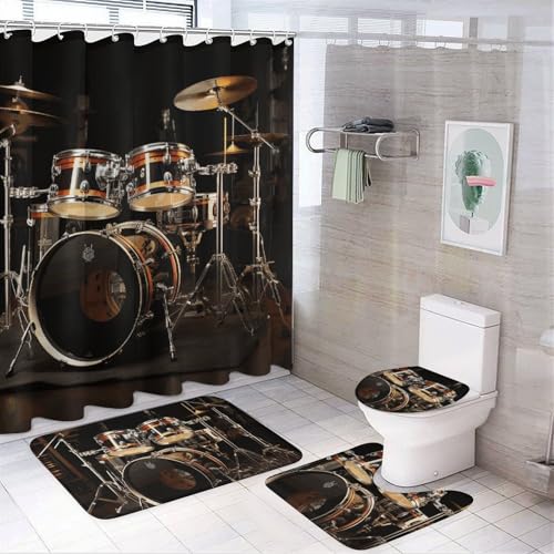 HEBVNJF Trommel-Set, 4-teiliges Badezimmer-Duschvorhang-Set, Badezimmer-Dekor-Set mit rutschfesten Teppichen, WC-Deckelbezug und Badematte, Badezimmer-Dusch-Set von HEBVNJF