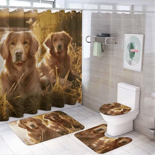 HEBVNJF Two Golden Retrievers 4-teiliges Badezimmer-Duschvorhang-Set, Badezimmer-Dekor-Set mit rutschfesten Teppichen, WC-Deckelbezug und Badematte, Badezimmer-Dusch-Set von HEBVNJF