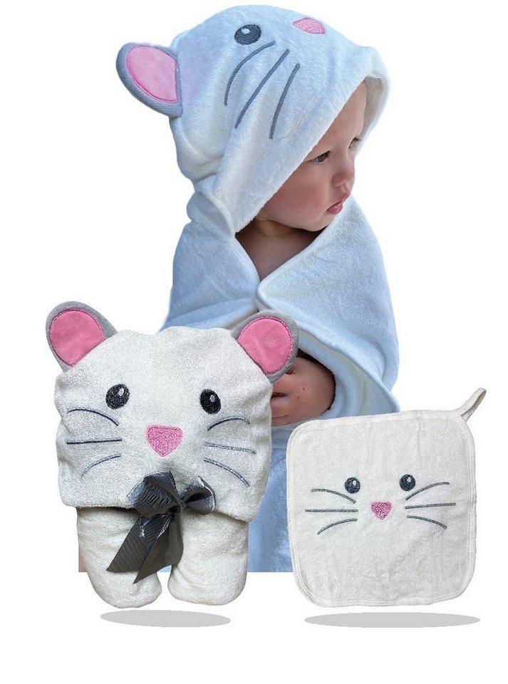 HECKBO Kapuzenhandtuch Maus inkl. Waschlappen, ab 0 Jahren, 2 Druckknöpfe, Baby Geschenk von HECKBO