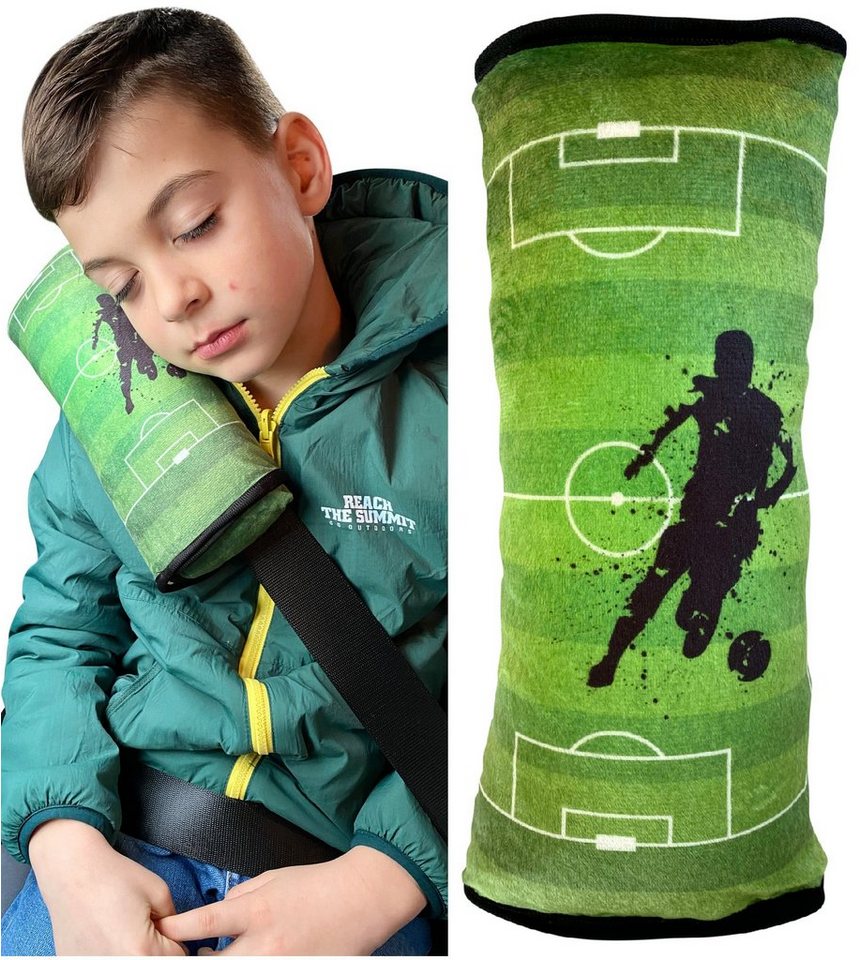 Schlafkissen Auto Schlafkissen Fussball Football Motiv für Kinder Mädchen Jungen - maschinenwaschbar – kuschelweich - Auto Gurtkissen, Gurtschoner, Gurtschutz Sitzerhöhung, Auto Kissen, Reisekissen, Urlaub, HECKBO von HECKBO