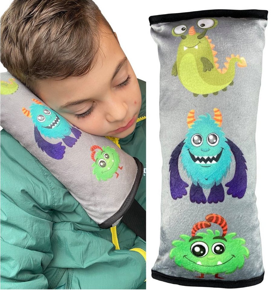 Schlafkissen Auto Schlafkissen Monster Motiv für Kinder Mädchen Jungen - maschinenwaschbar – kuschelweich - Auto Gurtkissen, Gurtschoner, Gurtschutz Sitzerhöhung, Auto Kissen, Reisekissen, Urlaub, HECKBO von HECKBO