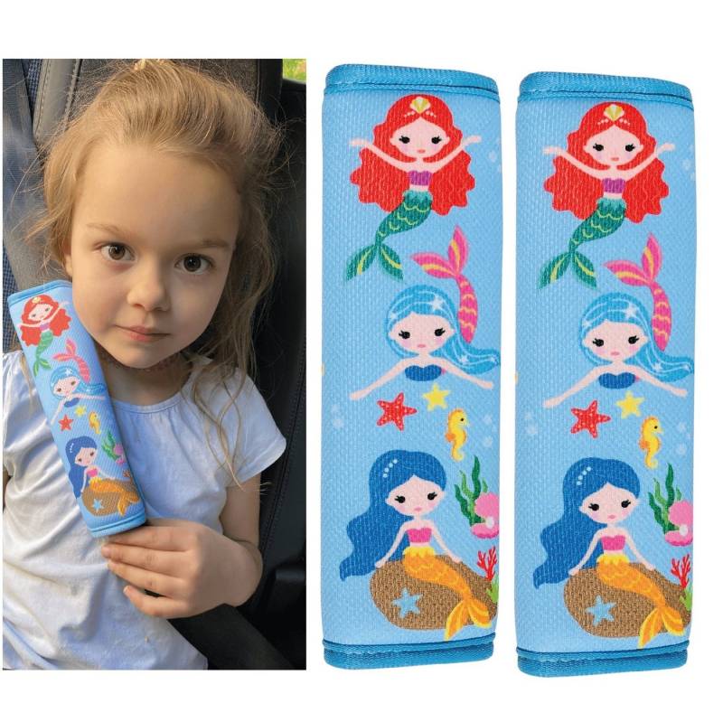 HECKBO Schlafkissen 1x oder 2x Kinder Auto Gurtpolster Gurtschutz mit Meerjungfrauen Motiv - Sicherheitsgurt Polster für Kinder und Babys- Ideal für jeden Gurt Autositzerhöhungen Kinder Fahrradanhänger Flugzeug von HECKBO