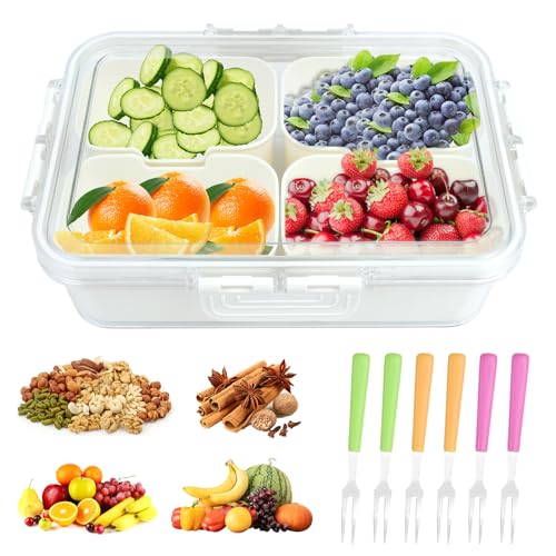 HEDMON Snackbox mit Fächern Snackbox mit 4 Fächern Kunststoff Snackteller Nicht In Die Spülmaschine Geben BPA Frei Snackschale mit Deckel Abnehmbar Snack Organizer für Gewürze Keks Obst Nüsse von HEDMON