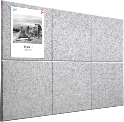 Kork Board Alternative 90 x 60 cm Pinnwand für Home Office Küche Fotos Memos – 6 Stück abnehmbare Filz-Wandfliesen mit 20 Reißzwecken – Silbergrau von HEDOBCESO