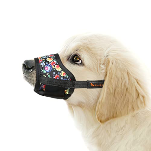 HEELE Hund Maulkorb, Maulkörb für Hunde, Weiche Nylon Drucken Maulkorb Air Mesh Atmungsaktiv Einstellbar Schleife Muster Haustiere Maulkörbe für Kleine Mittlere Große Hunde, Blume Schwarz, XS von HEELE