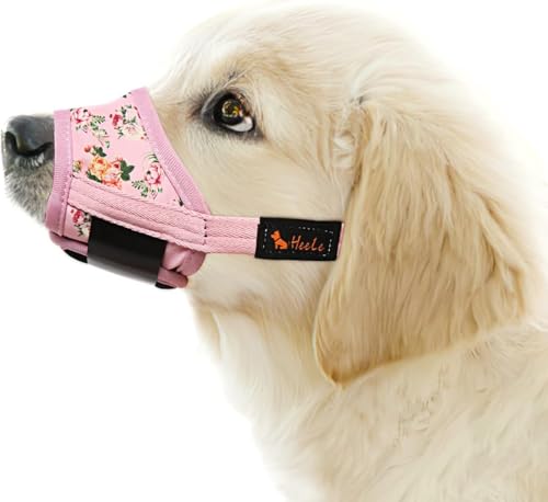 HEELE Hund Maulkorb, Maulkörb für Hunde, Weiche Nylon Drucken Maulkorb Air Mesh Atmungsaktiv Einstellbar Schleife Muster Haustiere Maulkörbe für Kleine Mittlere Große Hunde, Pinke Blume, M von HEELE