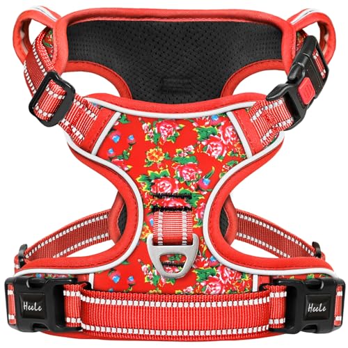 HEELE Hundegeschirr, Brustgeschirre für Hunde, Laufgeschirre Hund mit abschließbarem Schnappverschluss, einstellbare reflektierende Hundegeschirre, Offen am Hals, Anti Zug Dog Harness, Geblümt Rot, M von HEELE