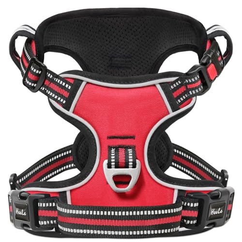 HEELE Hundegeschirr, Brustgeschirre für Hunde, Laufgeschirre Hund mit abschließbarem Schnappverschluss, einstellbare reflektierende Hundegeschirre, Offen am Hals, Anti Zug Dog Harness, Rot, L von HEELE