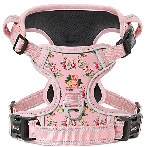 HEELE Hundegeschirr für Mittelgroße Hunde, Weich Atmungsaktiv Einstellbar Reflektierend Anti Zug Hundegeschirr mit Gepolstert Grifff, 3 Schnallen, Geblümt-Pink, S von HEELE