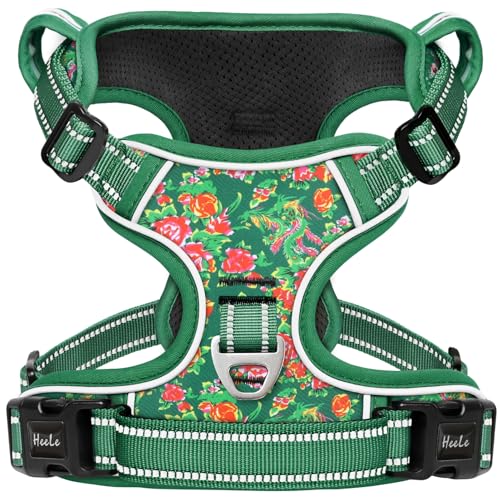 HEELE Hundegeschirr, Hundegeschirre mittelgroße Hunde mit Griff reflektierendes Hundegeschirr gepolstertes Brustgeschirr No Pull Geschirr Hund Verstellbar, Blume Gras Grün, L von HEELE