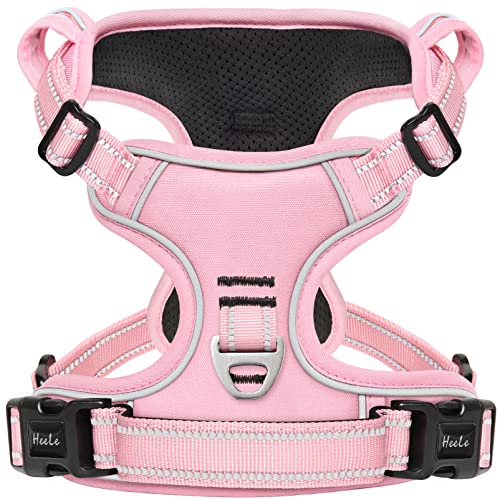 HEELE Hundegeschirr, Zugentlastung, reflektierend, mit gepolstertem Griff, Kontrolle, 2 Metallringe, Geschirr für kleine mittelgroße und große Hunde, Rosa, XL von HEELE