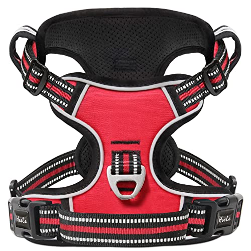 HEELE Hundegeschirr, Zugentlastung, reflektierend, mit gepolstertem Griff, Kontrolle, 2 Metallringe, Geschirr für kleine mittelgroße und große Hunde, Rot, XS von HEELE