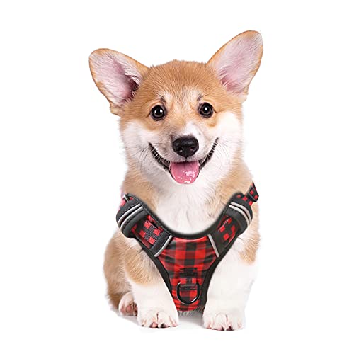 HEELE Hundegeschirr, Zugentlastung, reflektierend, mit gepolstertem Griff, Kontrolle, 2 Metallringe, Geschirr für kleine mittelgroße und große Hunde, Schwarz-Rot, Plaid, M von HEELE