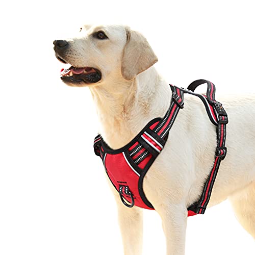 HEELE Hundegeschirr, Zugentlastung, reflektierend, mit gepolstertem Griff, Kontrolle, 2 Metallringe, Geschirr für kleine mittelgroße und große Hunde, Rot, L von HEELE