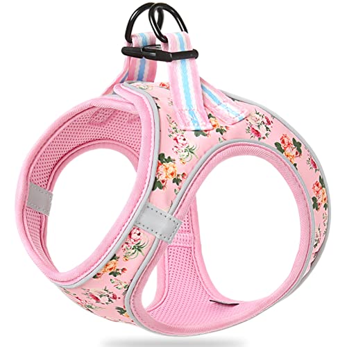 HEELE Hundegeschirr Hunde Kleine Hundegeschirr Anti Zug Atmungsaktiv Brustgeschirr No Pull Sicherheitsgeschirr Reflektierend Einstellbar Weich für Kleine Hunde Gehen Laufen Training, Blume Pink, L von HEELE