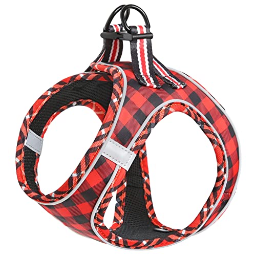 HEELE Hundegeschirr Hunde Kleine Hundegeschirr Anti Zug Atmungsaktiv Brustgeschirr No Pull Sicherheitsgeschirr Reflektierend Einstellbar Weich für Kleine Hunde Gehen Laufen Training, Plaid Rot, L von HEELE