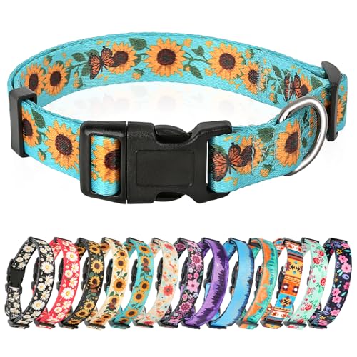 HEELE Hundehalsband, Hunde Halsband für Welpen Kleine Mittlere Große Hunde, Gemustertes Hundehalsbänder Verstellbares, Komfort, Robustem HundeHalsband, Sonnenblume Grün, M von HEELE
