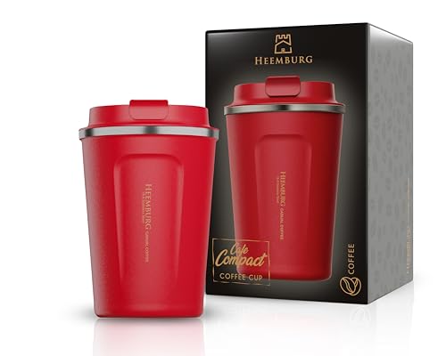 Heemburg Kaffeebecher für unterwegs Coffee-to-go Thermobecher schwarz 350 ml aus Edelstahl mit Doppelwand Isolierung 100% auslaufsicher für Kaffee oder Tee, Rot, 350ml (Ohne Lid - 380ml) von HEEMBURG