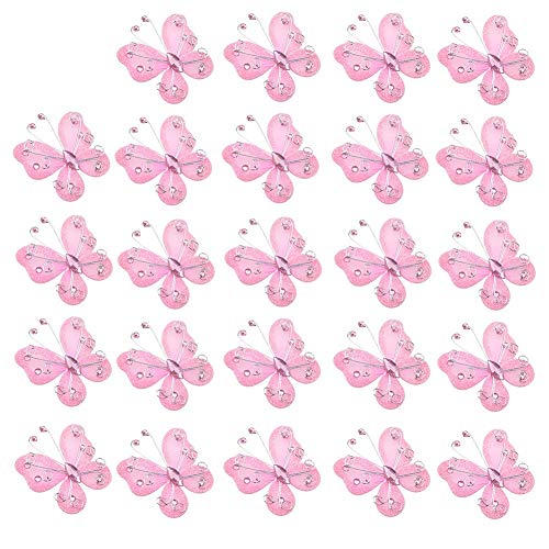 HEEPDD Organza-Schmetterlinge, 24pcs bloßer Maschendraht-Glitter-Schmetterling für Hochzeitsfest-Tabellen-Zerstreuungs-Einklebebuch-Fertigkeit-Kartendekoration[Rosa] Multifunktionswerkzeuge von HEEPDD