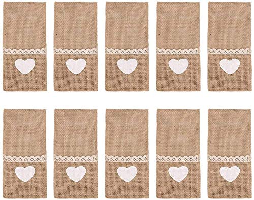 Sackleinen Besteckhalter, 10pcs Lace Jute Messer Gabel Tasche für rustikale Hochzeit Weihnachtsfeier Tabelleneinstellung Dekorationen[Cutlery Holder Original Color with Heart Shape]Besteckeinsätze von HEEPDD