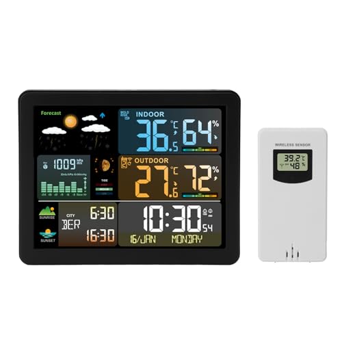Wetteruhr, kabelloses Thermometer, großes Display, Außensensor, Atomuhr, Luftdruckvorhersage, einstellbare Hintergrundbeleuchtung, Uhr von HEEPDD