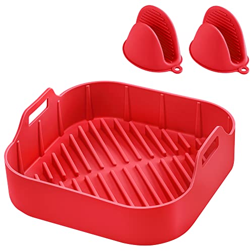 HEETA Heißluftfritteuse Backform, Wiederverwendbar Air Fryer Silicone Pot with Handschuhe 20cm Silikonform für Heißluftfritteuse Kompatibel mit Ninja/Tower/COSORI-Rot (Quadratisch) von HEETA