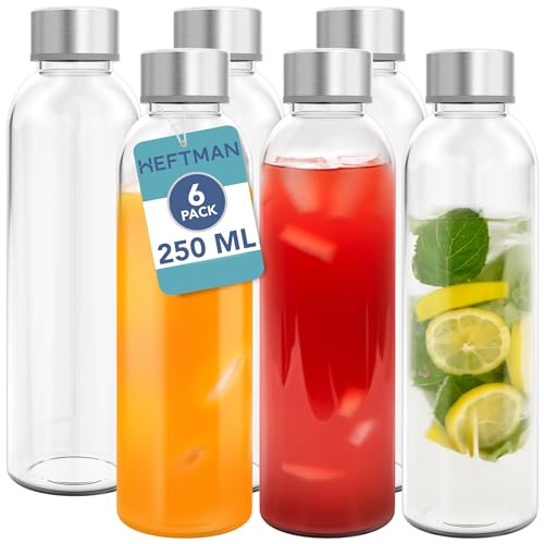 HEFTMAN 250 ml Glasflaschen mit Deckel, leere Glaswasserflasche, luftdicht, auslaufsicher, Edelstahldeckel, Wasser, Smoothies, Saftflaschen für Arbeit, Fitnessstudio, Zuhause, inklusive von HEFTMAN