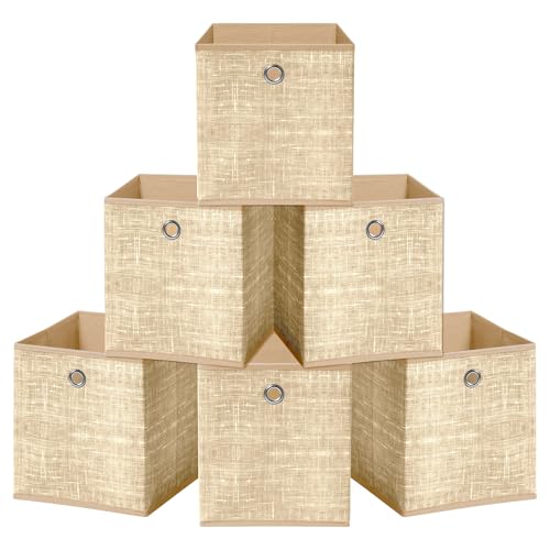 HEFTMAN Faltbare Aufbewahrungswürfel Boxen - 6er Set Beige Stoff Aufbewahrungsboxen mit Tülle Griff, Platzsparende Stoffwürfel Aufbewahrungsboxen für Kleidung, Spielzeug, Bücher Organisation (26 x 26 von HEFTMAN