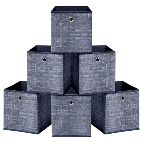 HEFTMAN Faltbare Aufbewahrungswürfel Boxen - 6er Set Blau Stoff Aufbewahrungsboxen mit Tülle Griff, Platzsparende Stoffwürfel Aufbewahrungsboxen für Kleidung, Spielzeug, Bücher Organisation (26 x 26 x von HEFTMAN