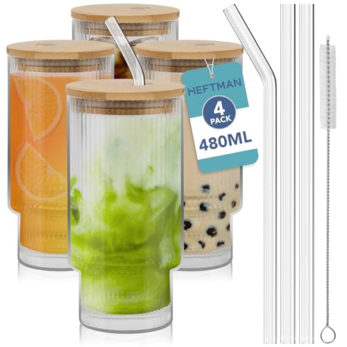 HEFTMAN Gerippte Gläser, 480 ml, stapelbare Glasbecher mit Bambusdeckel und Glasstrohhalmen, Eiskaffee-Glas-Set mit 2 Reinigungsbürsten von HEFTMAN
