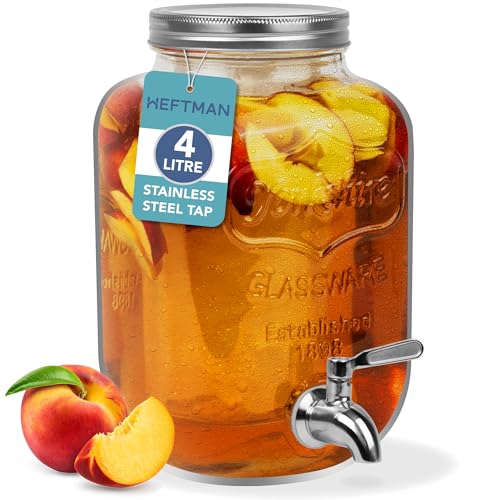 HEFTMAN Getränkespender aus Glas mit Zapfhahn – 3,7 Liter Mason Jar Getränkespender mit auslaufsicherem Edelstahlhahn & Eiszylinder Kühlschrank Wasserspender, Punsch, Cocktails, leerer Getränkespender von HEFTMAN