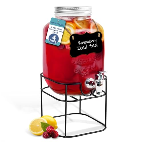 HEFTMAN Getränkespender aus Glas mit Zapfhahn – 4 Liter Mason Jar Getränkespender mit Kunststoffhahn & Metalldrahtständer – Getränkespender, Cocktails, leerer Getränkespender von HEFTMAN