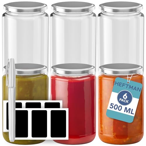 HEFTMAN Einmachgläser – 6 Stück, 500 ml Marmeladengläser mit silberfarbenen, luftdichten Deckeln, wiederverwendbare Glas-Vorratsgläser für Hafer, Marmeladen, Chutney, Einlegen der Küche Organisation von HEFTMAN