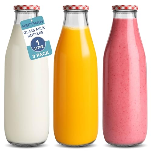 HEFTMAN Milchflaschen aus Glas mit Deckel, leer, 1 Liter, luftdicht, mit rotem Gingham-Deckel, für Getränke, Getränke, Dekoration, Retro-Saftflaschen aus Glas, für Hochzeiten, Grillabende und von HEFTMAN