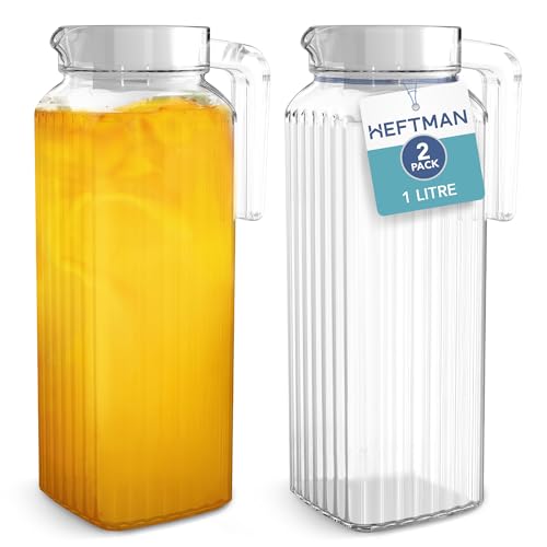 HEFTMAN Glas Wasserkrug für Kühlschrank - 2 Pack (1 Liter) Wasserkrüge mit Deckel mit geripptem Design, auslaufsicherer Auslauf, belüfteter Deckel für heißes / kaltes Wasser von HEFTMAN