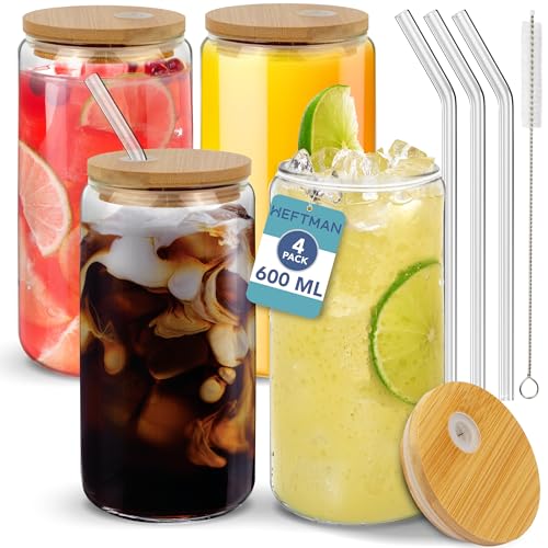 HEFTMAN Glasbecher mit Deckel und Strohhalmen, leere Gläser in Dosenform, 600 ml, mit luftdichten Bambusdeckeln, Glasstrohhalme, 4 Stück, HM3318 von HEFTMAN