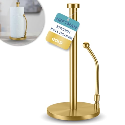 HEFTMAN Goldfarbener Küchenrollenhalter – Papierhandtuchhalter mit Spannarm und rutschfester gewichteter Basis – Edelstahl-Küchenrollenhalter, freistehend, kratzfreier Küchenrollenspender (Gold) von HEFTMAN