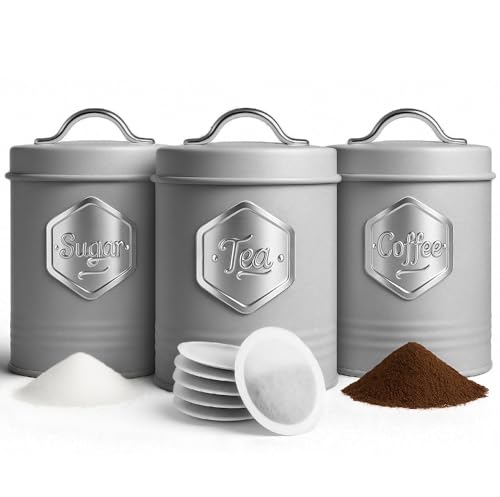 HEFTMAN Grauer Tee Kaffee Zucker Kanister - Stilvolle 3-teilige Dosen Sets für die Küche, Zucker Kaffee Tee Aufbewahrungsset mit luftdichten, beschrifteten Behältern (3 Stück, Grau/Silber) von HEFTMAN