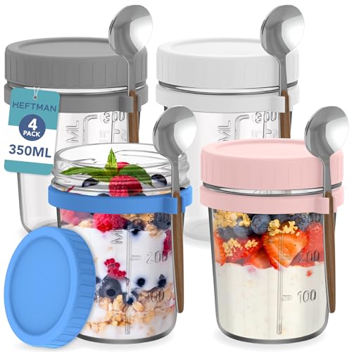 HEFTMAN Hafergläser mit Deckel, 4 Stück, 350 ml, Haferglas mit Löffeln und luftdichten bunten Kunststoffdeckeln, lebensmittelechte Frühstückstöpfe für Joghurt, Chia Pudding – 340 ml, wiederverwendbar von HEFTMAN