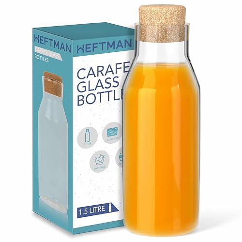 HEFTMAN Karaffe Glasflasche - 1,5 Liter Glasflasche mit Korkdeckel, klare Wasserkaraffe für heiße und kalte Getränke, wiederverwendbare Weichspüler-Gläser, Waschmittel-Vorratsdose mit Stopfen (1 Pack) von HEFTMAN