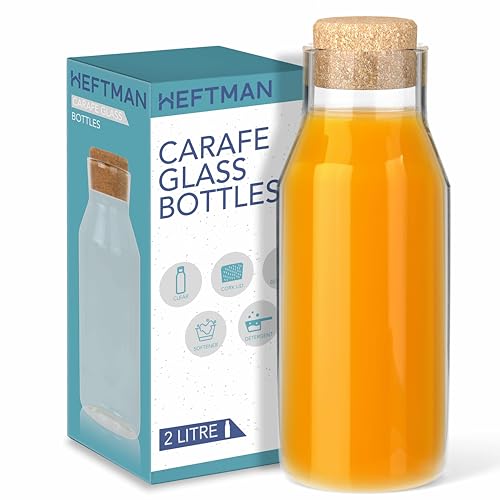 HEFTMAN Karaffe Glasflasche – 2 Liter Wasserkaraffe mit Korkdeckel, für heiße & kalte Getränke, wiederverwendbare Weichspüler-Gläser, Waschmittel-Aufbewahrungsflasche mit Stopfen (1 Pack) von HEFTMAN