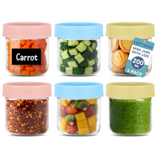 HEFTMAN Kleine Frühstückstöpfe mit Deckel – 6 x 200 ml kleine Vorratsdosen mit Deckel für Lunchbox, Babynahrung, Saucen, Obst, luftdichtes Glas über Nacht Hafergläser mit Deckel für Kühlschrank, von HEFTMAN