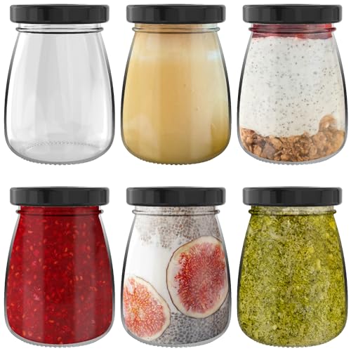 HEFTMAN Kleine Glasdosen mit Deckel, 6 Stück, 100 ml, leere luftdichte Glas-Schnapsflaschen mit Deckel, Reisegröße, auslaufsicher, Puddingtöpfe, Joghurttöpfe, Mini-Honiggläser, kleine Marmeladengläser von HEFTMAN