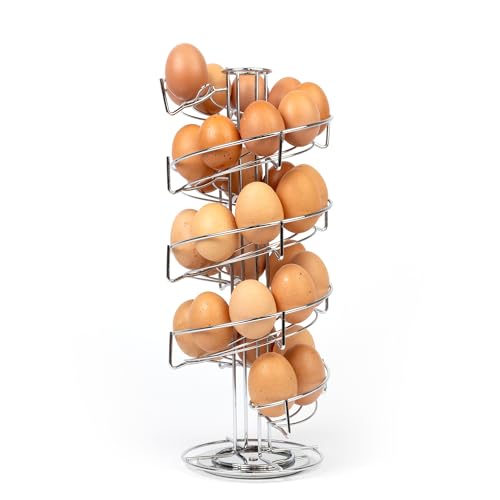 HEFTMAN Silberner Eierspirale Eierhalter - Freistehender Egg Holder für die Küche - Eierkorb Eierspender Fasst Bis zu 32 Eier - Stabiler, Drehbarer Eierständer mit Rutschfester Basis von HEFTMAN