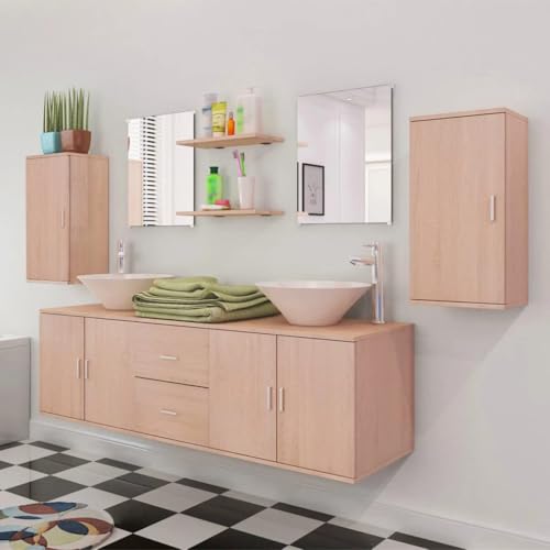HEFZGDB 11-TLG. Badmöbel-Set mit Waschbecken und Wasserhahn Beige Kleines Schränkchen Badschrank Klein Badezimmerschränke Mehrzweckschrank für Badezimmer Wohnbereich Gästezimmer Toilette von HEFZGDB