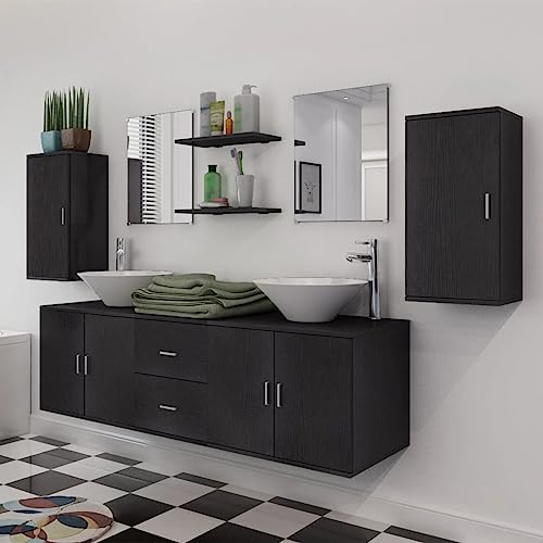 HEFZGDB 11-TLG. Badmöbel-Set mit Waschbecken und Wasserhahn Schwarz Kleines Schränkchen Badschrank Klein Badezimmerschränke Mehrzweckschrank für Badezimmer Wohnbereich Gästezimmer Toilette von HEFZGDB