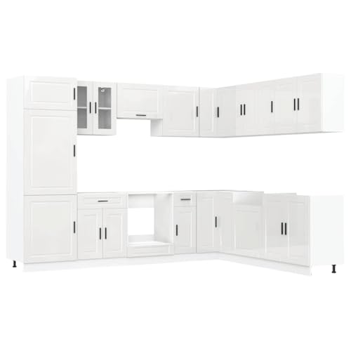 HEFZGDB 14-TLG. Küchenschrank-Set Porto Hochglanz-Weiß Holzwerkstoff Sideboard Küchenzeile Buffetschrank Vorratsschrank für Speisesaal Küche Badezimmer Wohnbereich von HEFZGDB