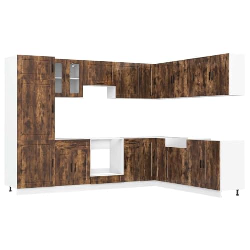 HEFZGDB 14-TLG. Küchenschrank-Set Porto Räuchereiche Holzwerkstoff Sideboard Küchenzeile Buffetschrank Vorratsschrank für Speisesaal Küche Badezimmer Wohnbereich von HEFZGDB