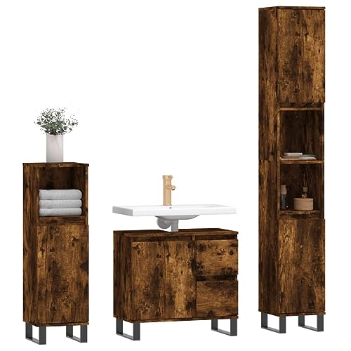 HEFZGDB 3-TLG. Badmöbel-Set Räuchereiche Holzwerkstoff Büroschrank Badezimmerschrank Badezimmerschränke Mehrzweckschrank für Badezimmer Gästezimmer Toilette Wohnbereich von HEFZGDB
