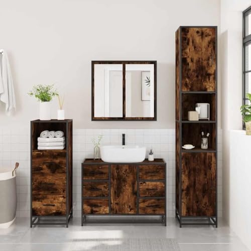 HEFZGDB 3-TLG. Badmöbel-Set Räuchereiche Holzwerkstoff Büroschrank Badezimmerschrank Badezimmerschränke Mehrzweckschrank für Wohnbereich Badezimmer Gästezimmer Küche von HEFZGDB